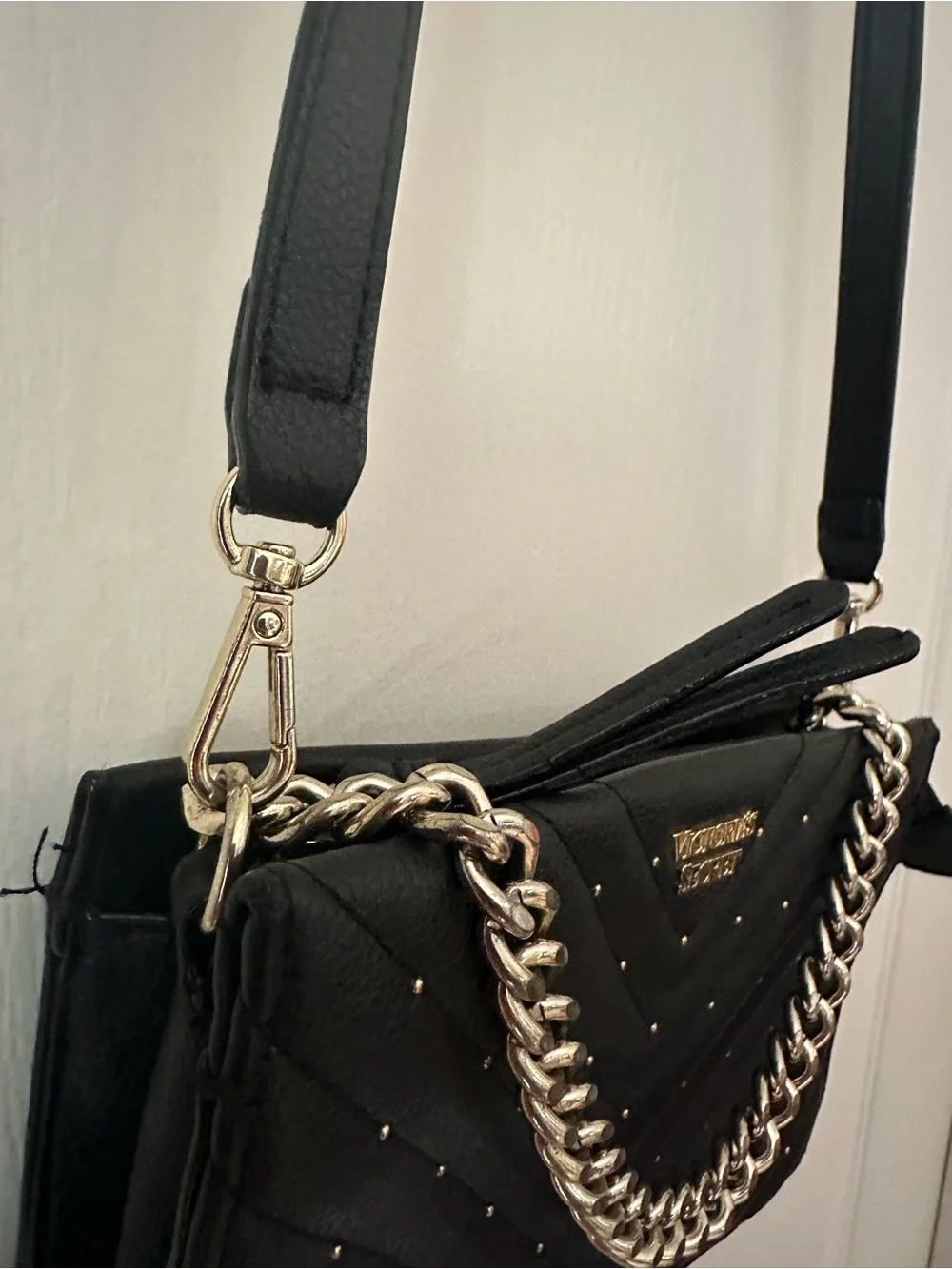 Victoria's Secret Black Quilted Crossbody with Gold Chain
